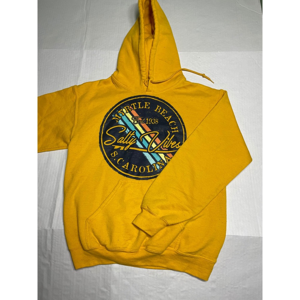 Myrtle Beach Salty Vibes Hoodie Yellow Graphic Sweatshirt Womens Small Retro SC